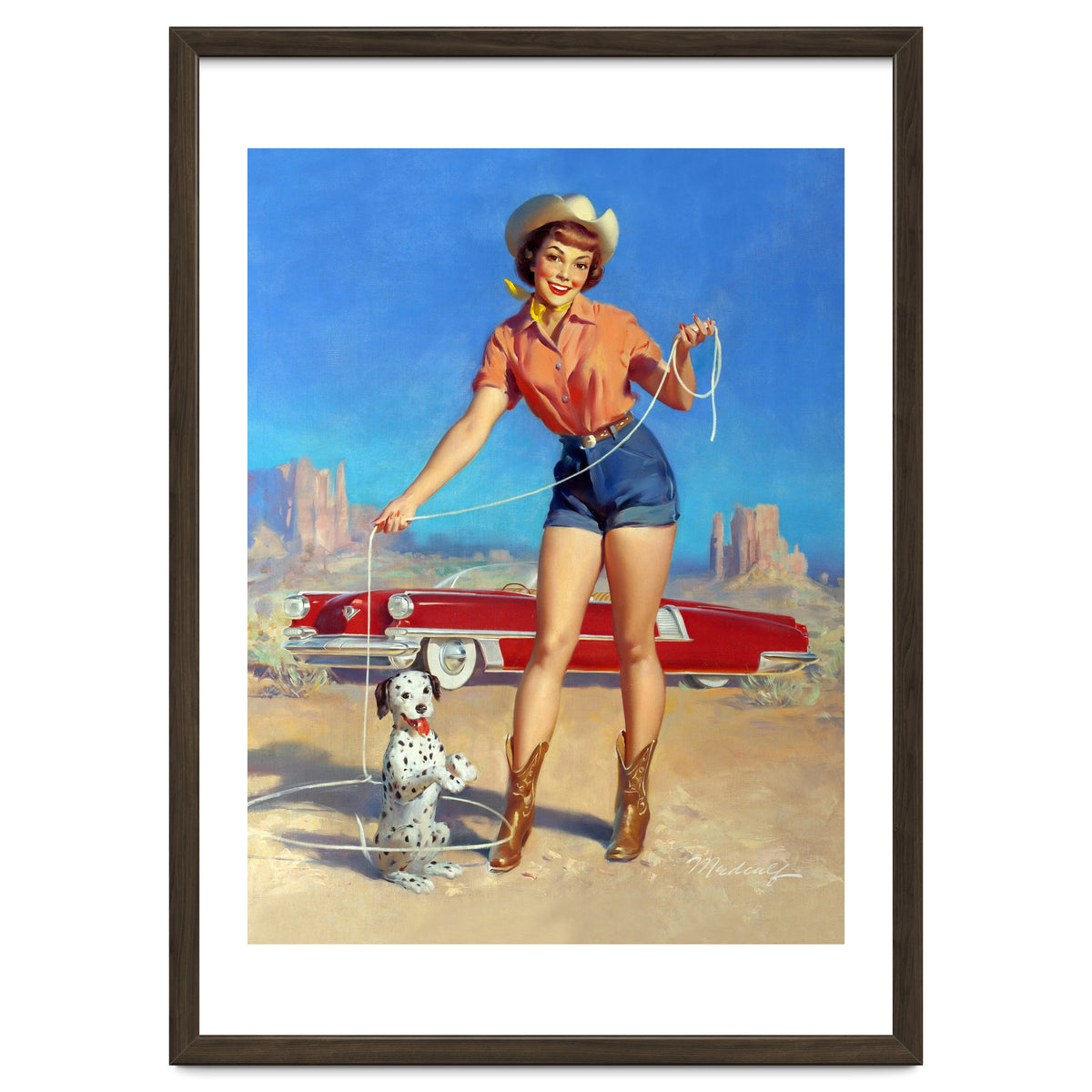 Pinup Cowgirl Showing A New Dog Trick