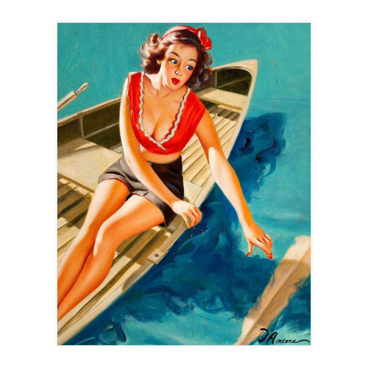Pinup Sexy Girl In A Boat And A Lost Paddle (Print Only)