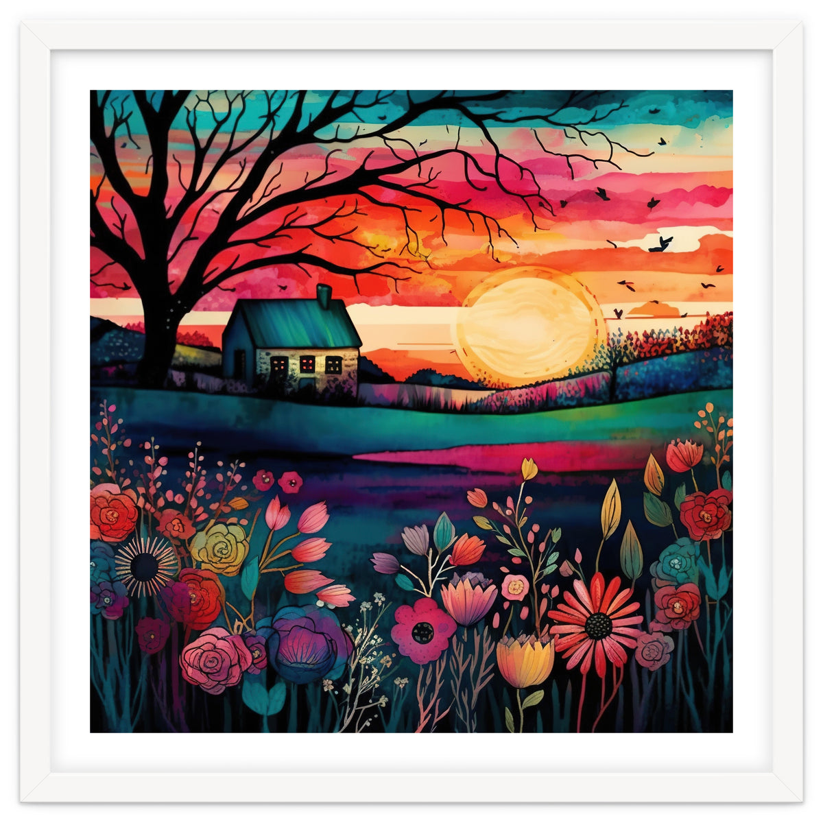Watercolor Folk Art Sunset Landscape