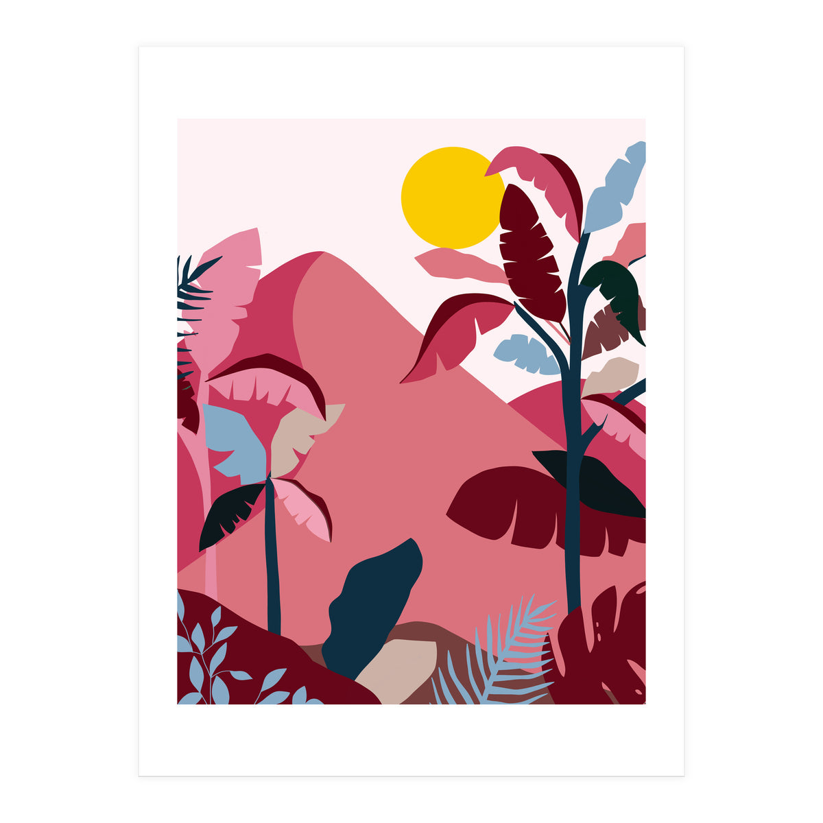 Tropical Sundowner, Pastel Jungle Botanical Nature, Summer Plants Palms Sunset, Mountain Landscape Travel Adventure (Print Only)