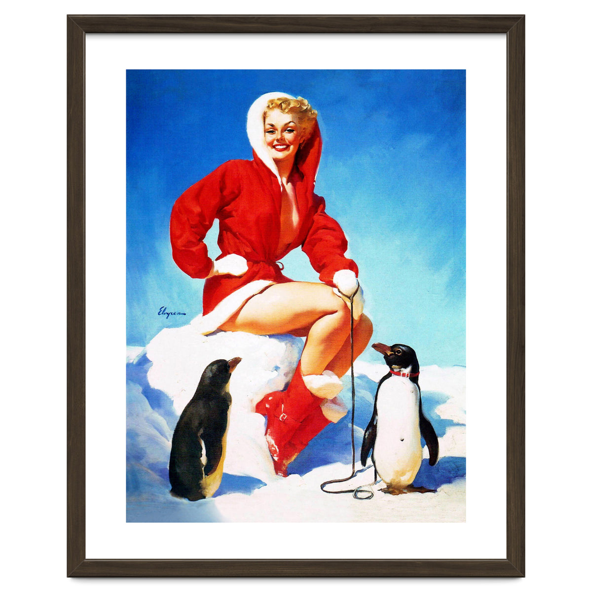 Pinup Sexy Woman Posing With Two Penguins