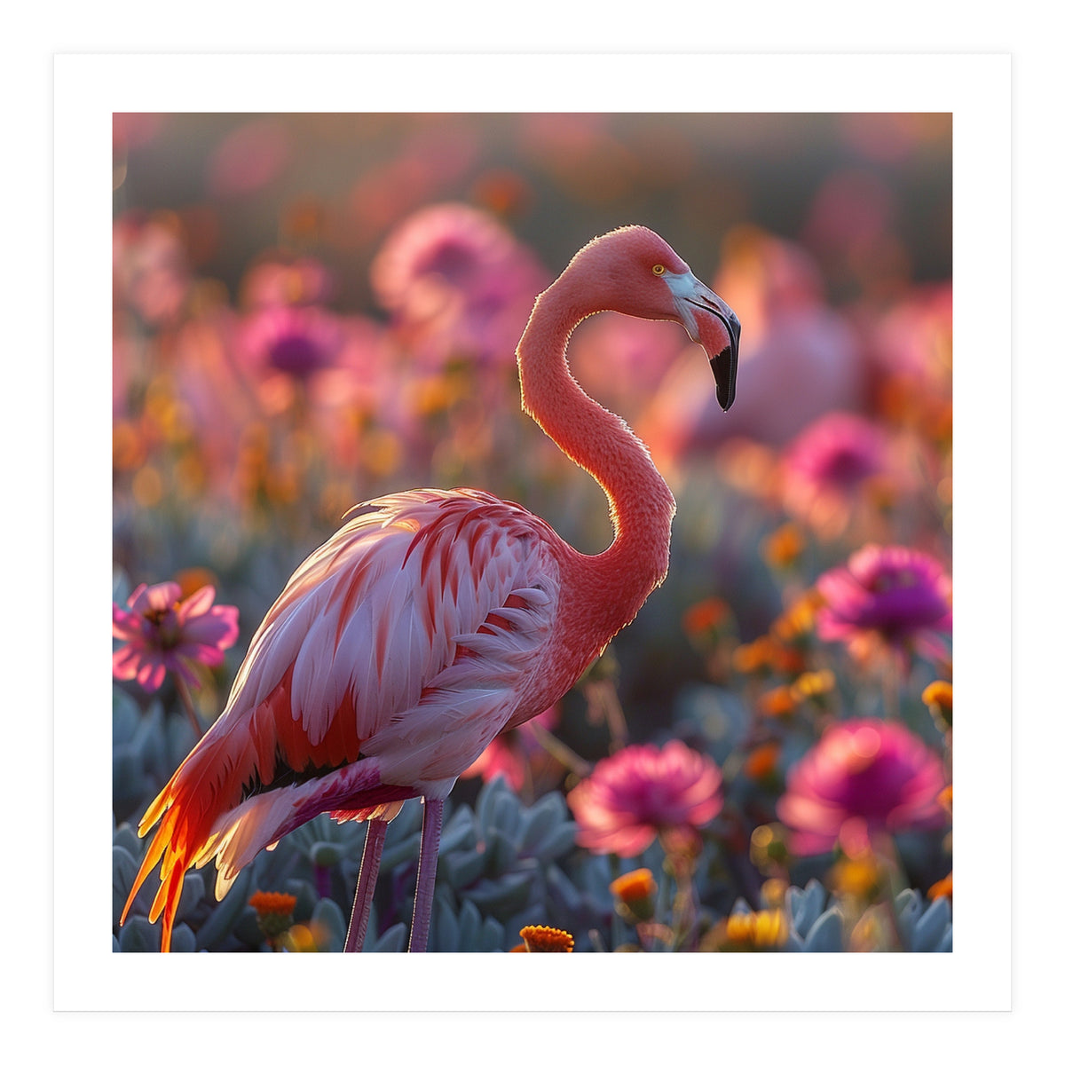 Pink Flamingo Standing In A Field Of Flowers (Print Only)