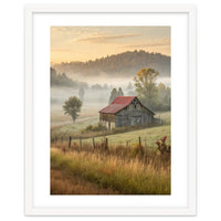 Rustic Red Roof Barn in Misty Morning Valley Landscape