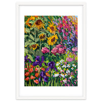 Vibrant Summer Sunflower and Iris Meadow Oil Painting