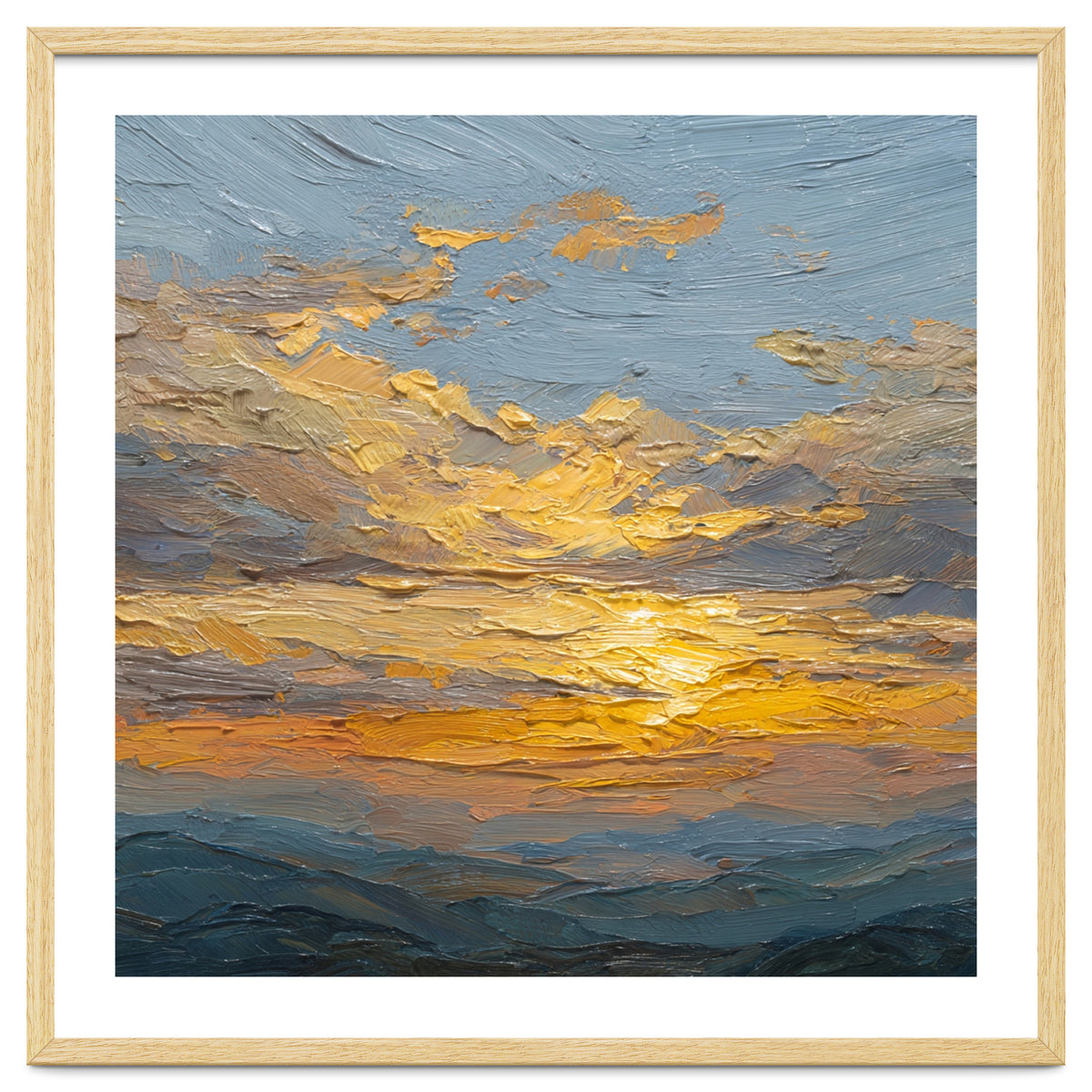 Atmospheric Golden Sunset Impasto Oil Painting Featuring Textured Clouds