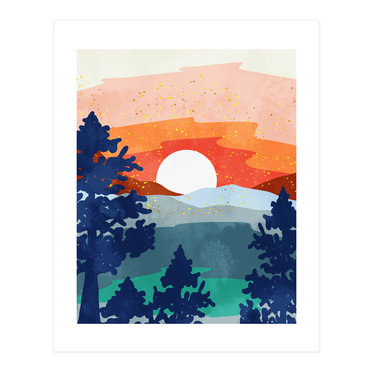 A Magical Sunset, Landscape Nature Illustration, Minimal Bohemian Painting, Mountains Adventure Travel (Print Only)