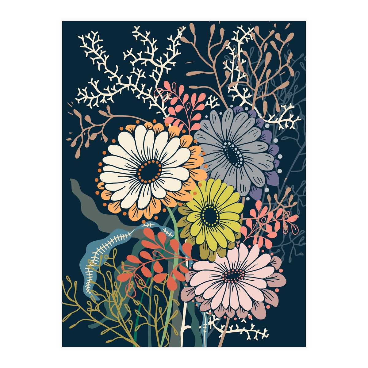 Springtime daisies dark blue (Print Only)