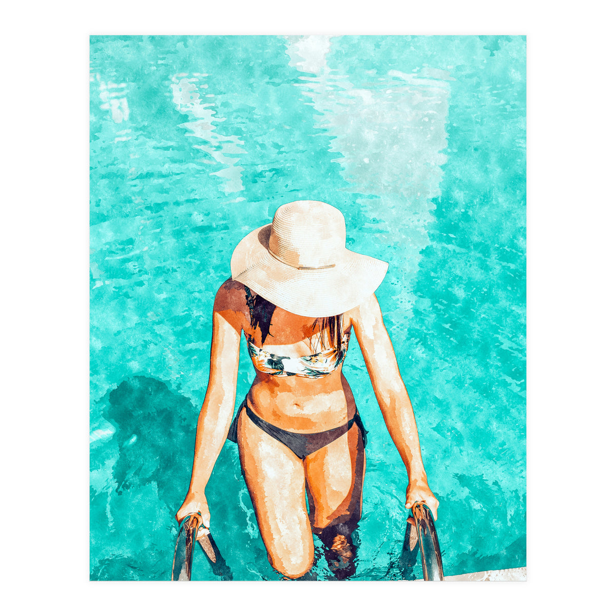 Pool Fashion | Modern Bohemian Woman Swim Watercolor Painting | Contemporary Travel (Print Only)