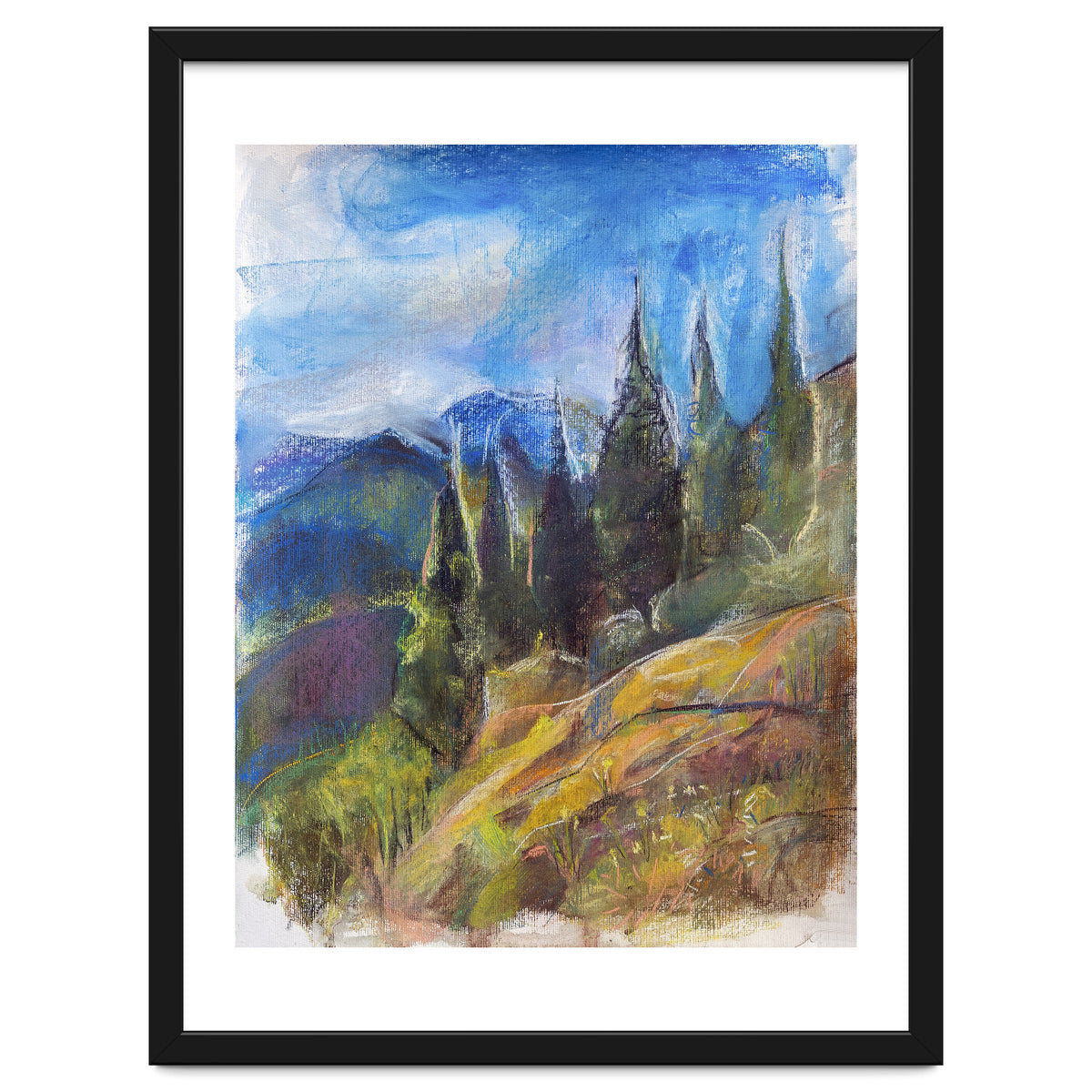 Pastel drawing of an Alpine Pine Forest