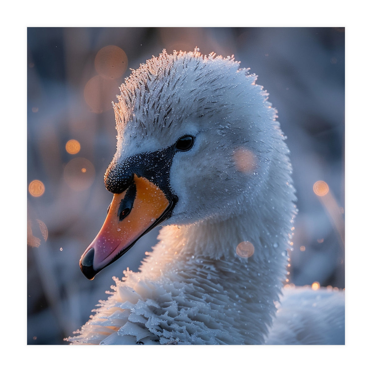 Close Up Frosty Swan Head During Golden Hour (Print Only)