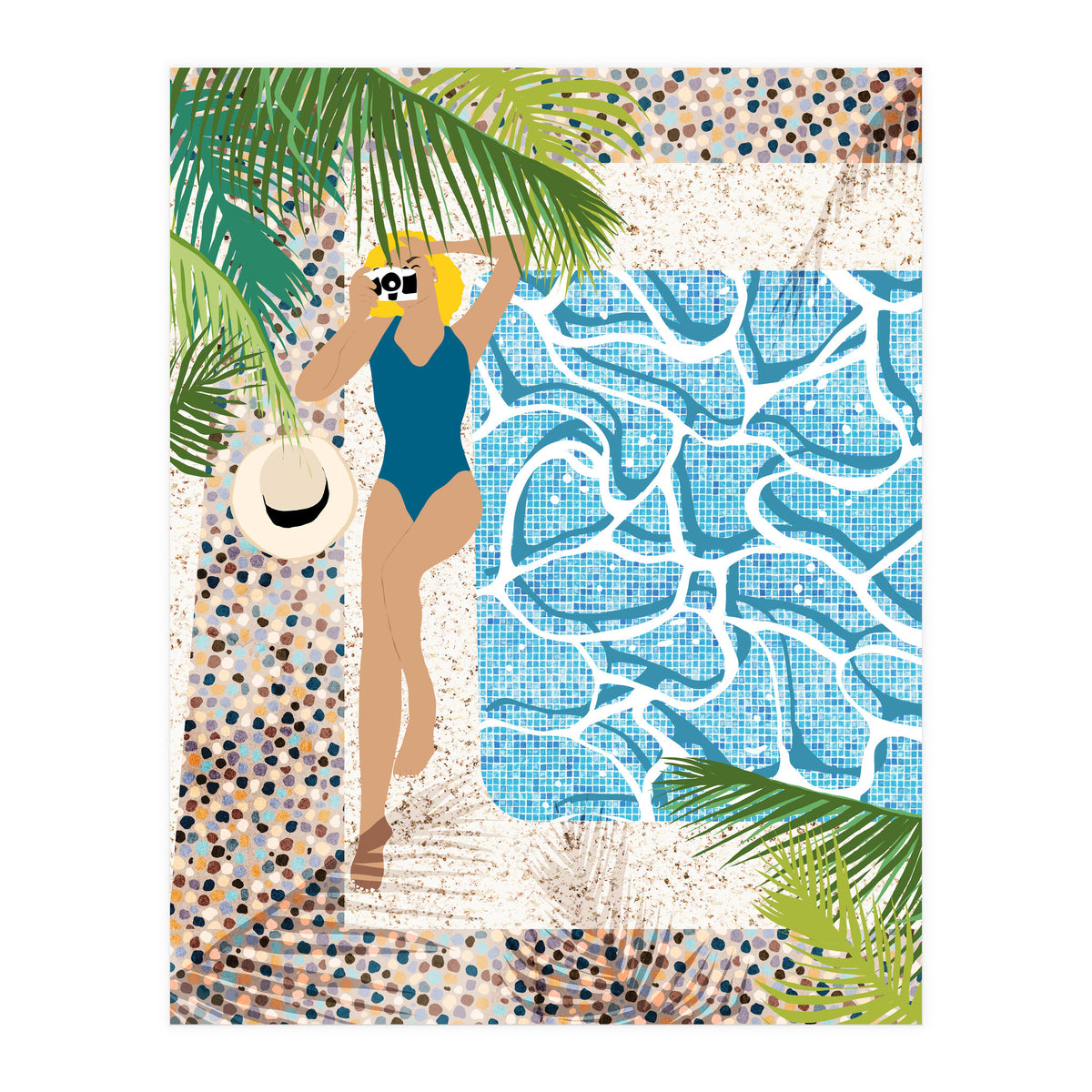 Click, Summer Travel Poolside Swim, Moroccan Tiles Staycation Vacation Holiday, Bohemian Woman Swimsuit Fashion Pose (Print Only)