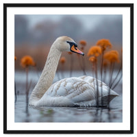 White Swan Swimming In A Lake With Reeds