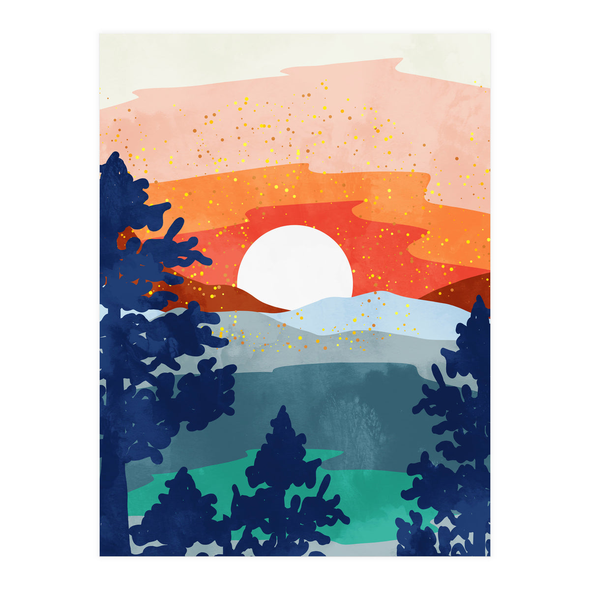 A Magical Sunset, Landscape Nature Illustration, Minimal Bohemian Painting, Mountains Adventure Travel (Print Only)