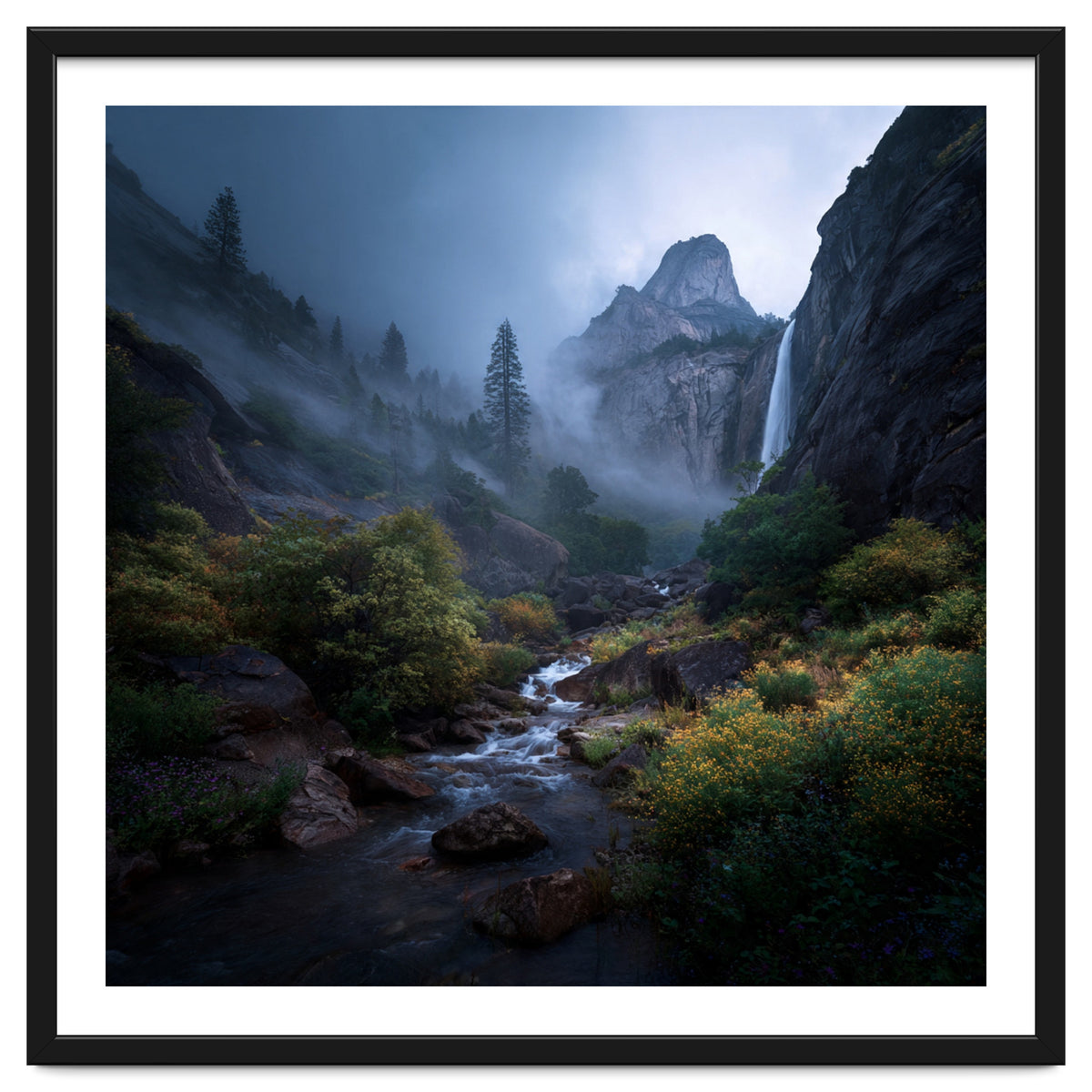 Majestic Misty Mountain Valley with Cascading Waterfall