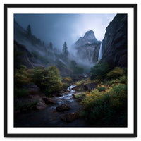 Majestic Misty Mountain Valley with Cascading Waterfall