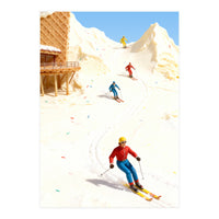 Skiing on Ice Cream Mountains, Miniature Skiers Winter Art Print for Kitchen Decor (Print Only)