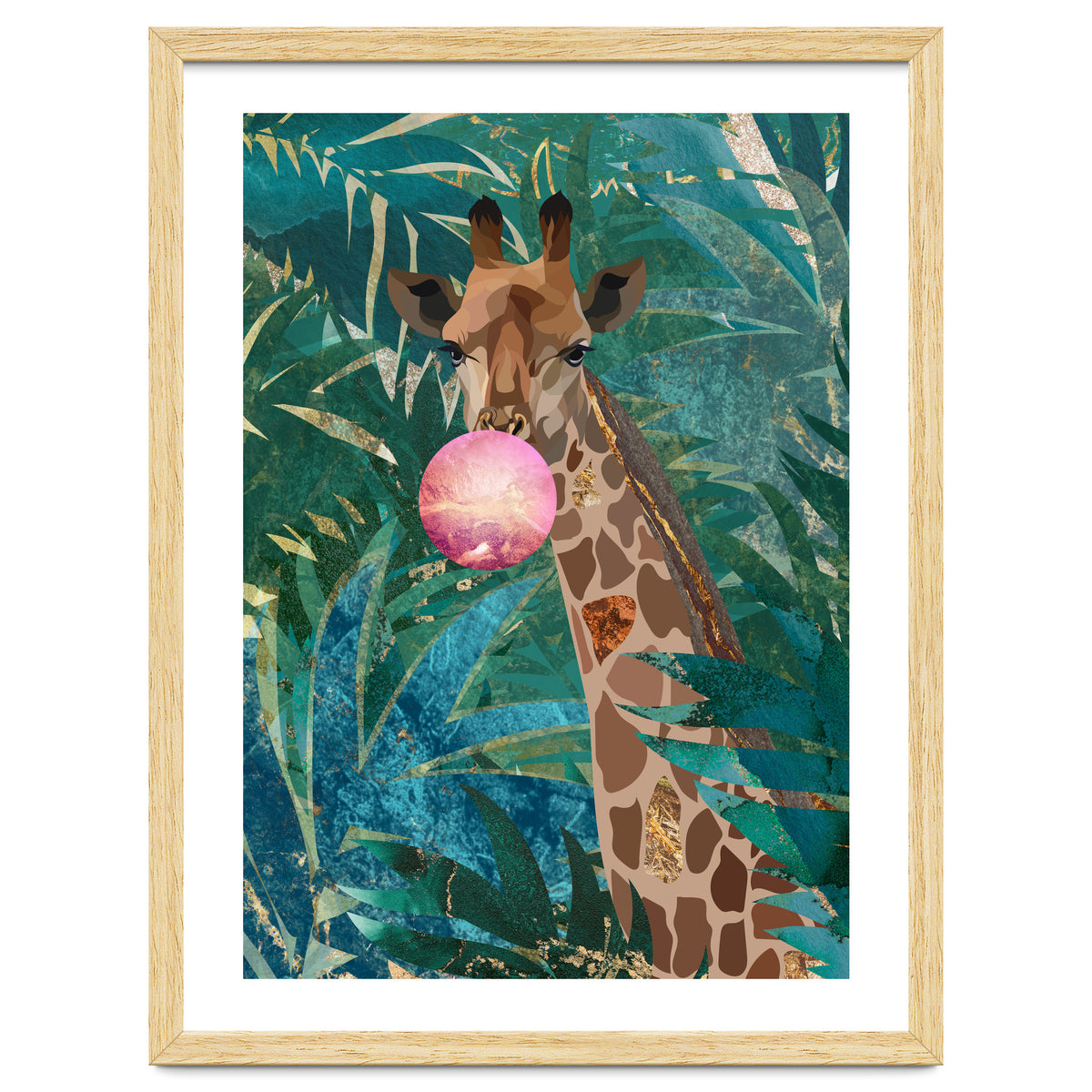 Giraffe blowing a bubble in the jungle