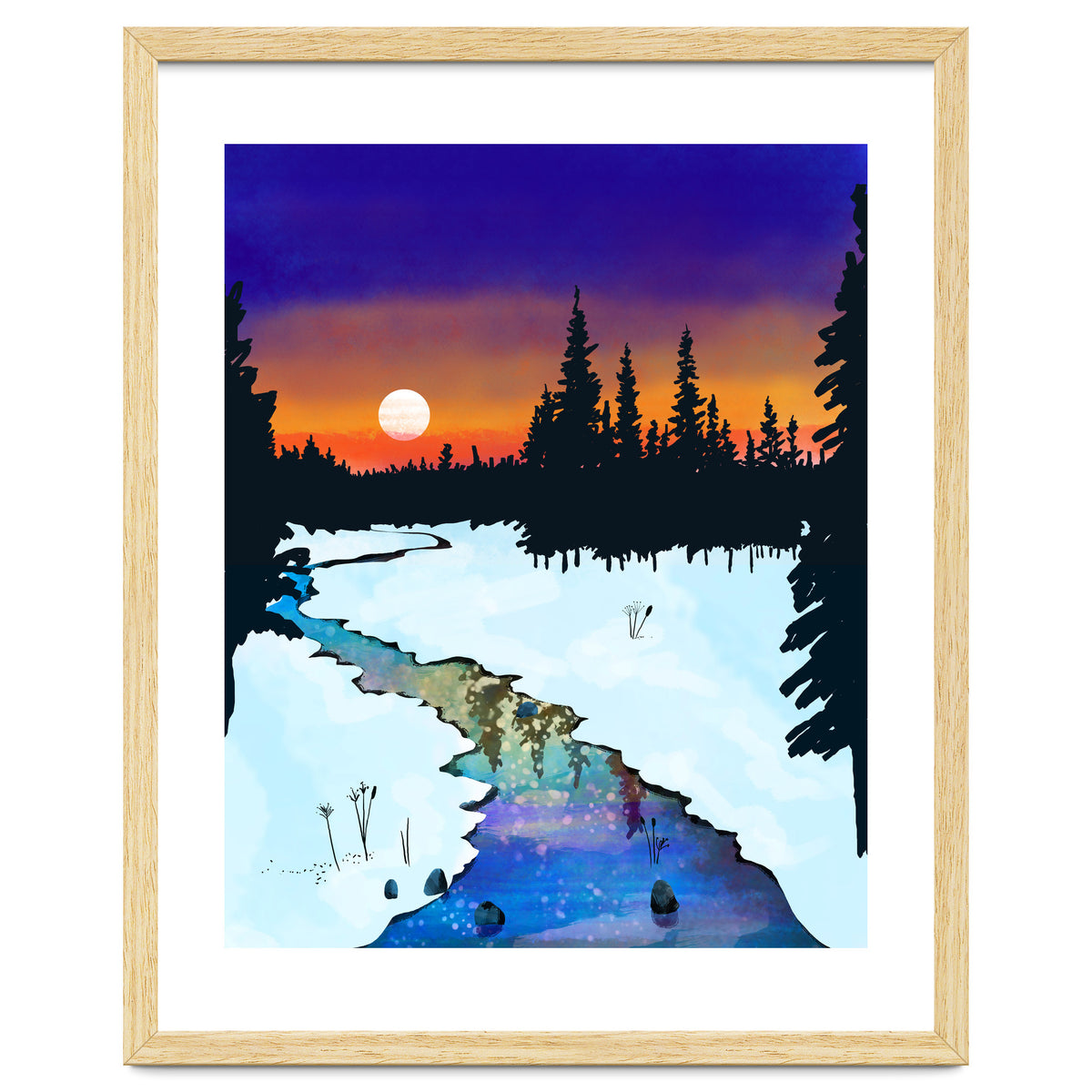 Purple Midnight, Snow River Full Moon Nature Landscape Painting, Winter Travel Adventure Places