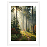 The Golden Path: Ethereal Sunbeams Piercing Through a Misty Evergreen Forest at Dawn thumbnail