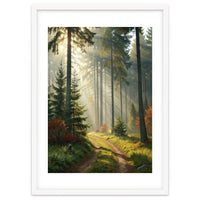 The Golden Path: Ethereal Sunbeams Piercing Through a Misty Evergreen Forest at Dawn