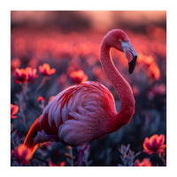 Pink Flamingo Bird Standing Among Flowers At Sunset (Print Only)