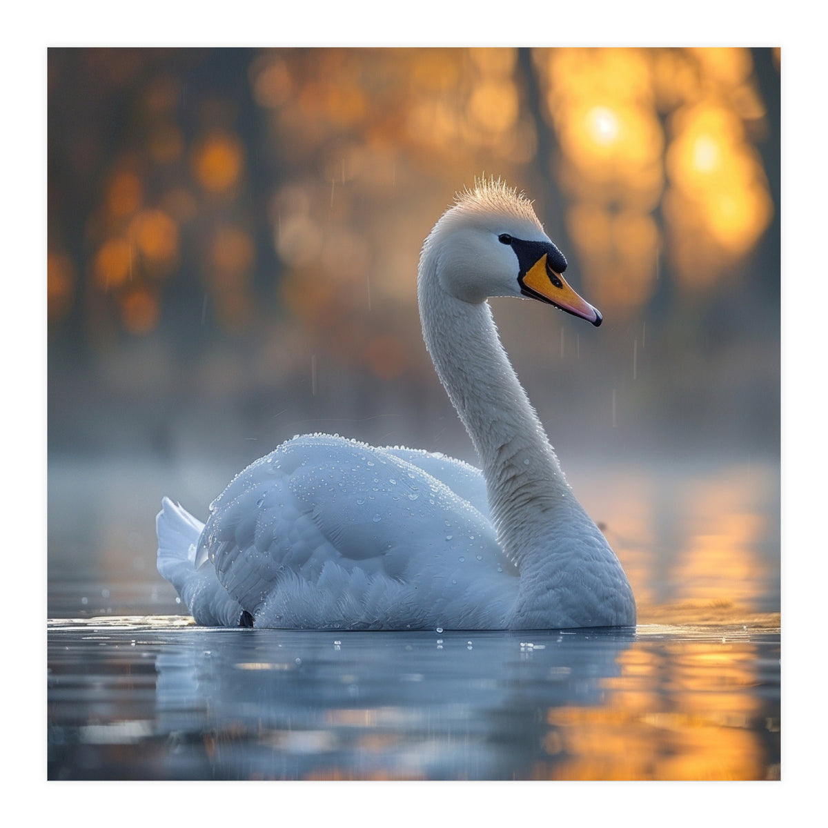 Beautiful Swan Floating On Water At Sunset (Print Only)