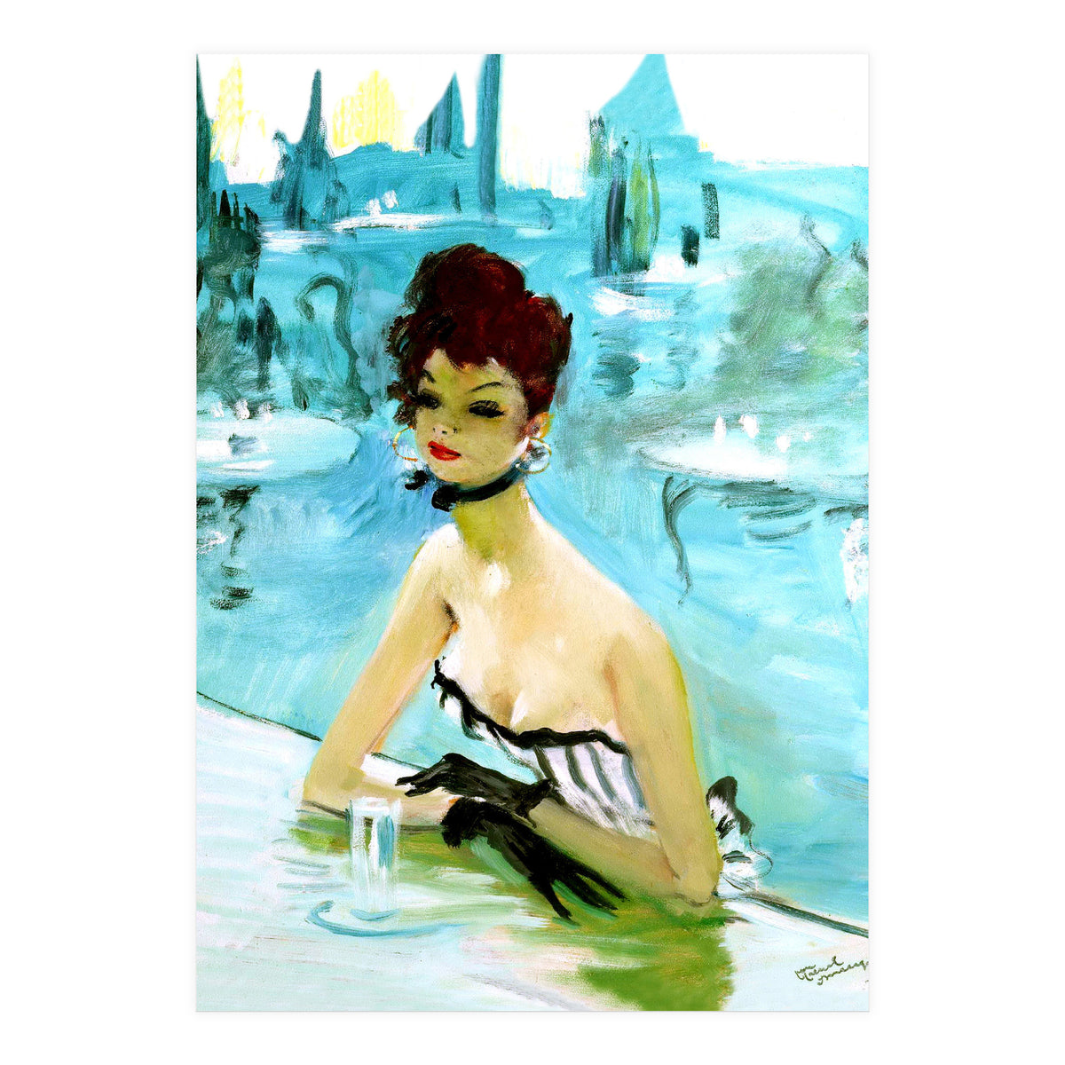Pinup Girl In Cafe, Watercolor Painting (Print Only)