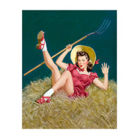 Pinup Sexy Girl Posing On A Hay With A Pitchfork (Print Only)
