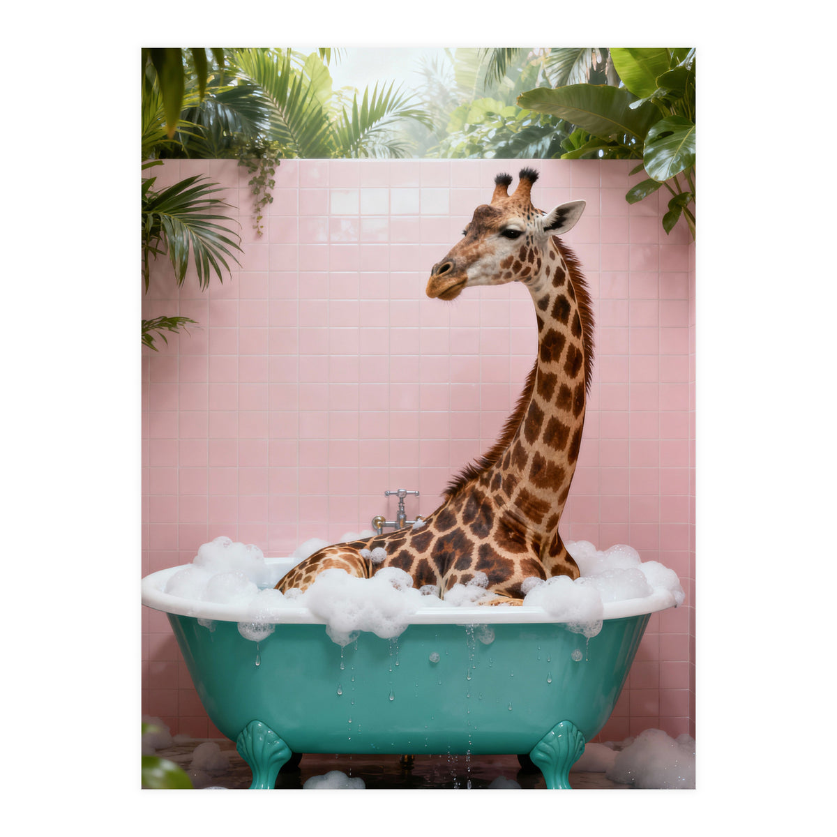 Giraffe in Bathtub, Whimsical Bathroom Art (Print Only)