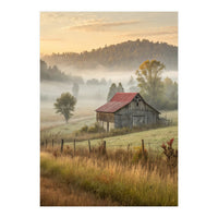 Rustic Red Roof Barn in Misty Morning Valley Landscape (Print Only)