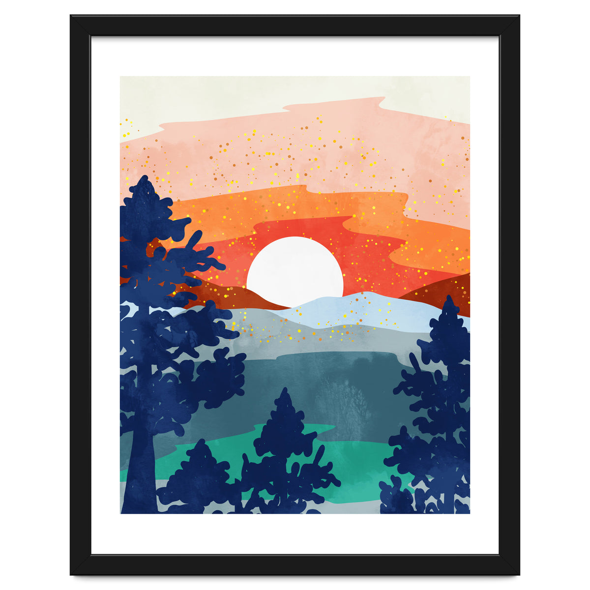 A Magical Sunset, Landscape Nature Illustration, Minimal Bohemian Painting, Mountains Adventure Travel