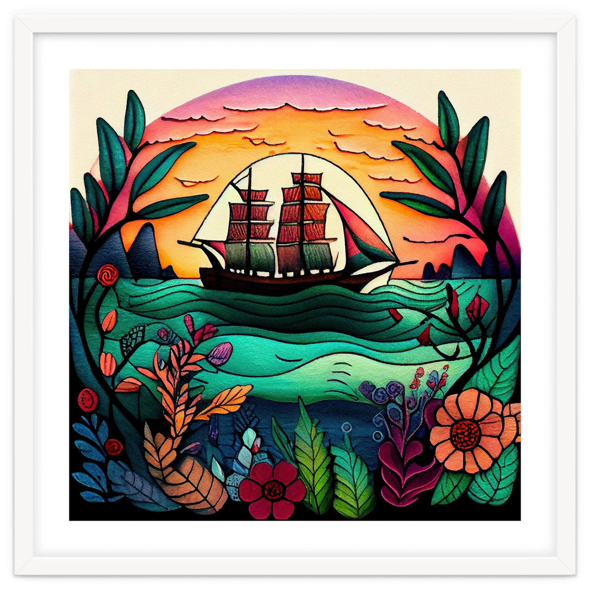 Folk Sunset Sailing Ship