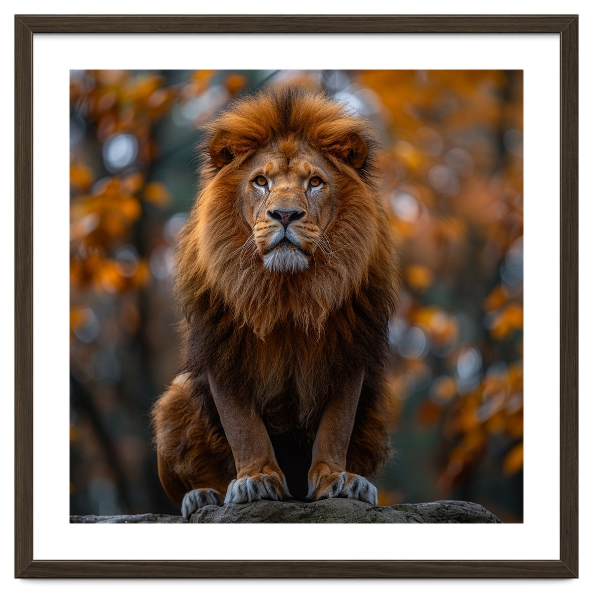 Majestic Lion Sitting On A Rock In Autumn Forest
