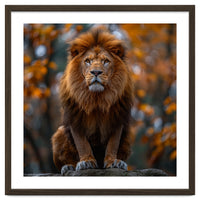 Majestic Lion Sitting On A Rock In Autumn Forest