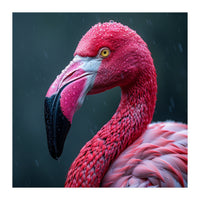 Close Up Pink Flamingo In Rain Drops (Print Only)