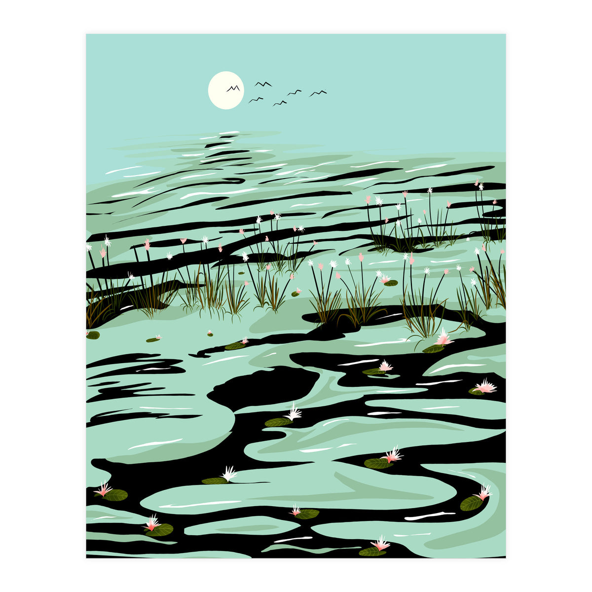 Dreamy Lake, Pastel Nature Botanical Jungle Landscape, Travel Pond Forest Plants Bohemian, Eclectic Scenic (Print Only)