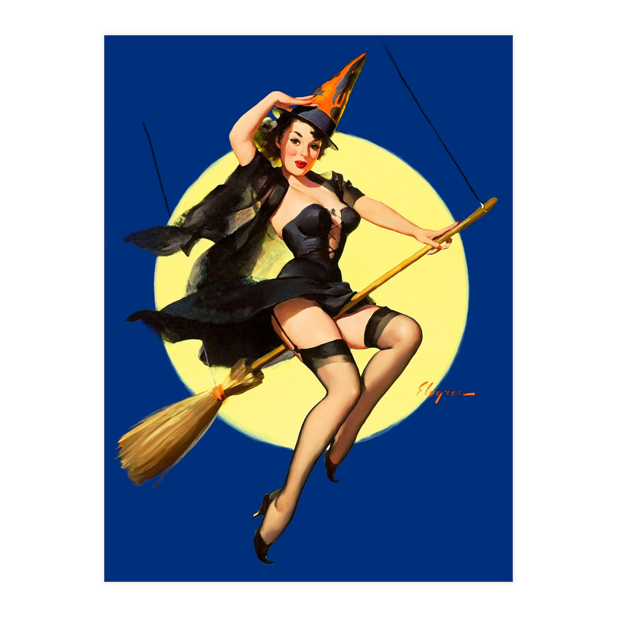 Pinup Sexy Witch Posing On A Broom (Print Only)