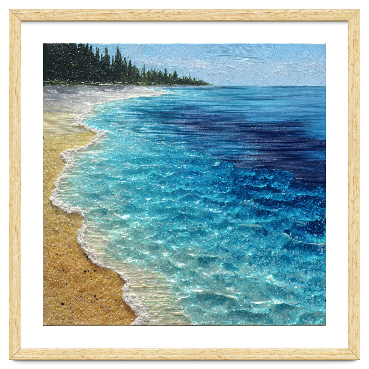 Sun-Drenched Coastal Shoreline with Textured Impasto Waves