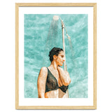Bathe | Woman Pool Shower | Summer Swim Watercolor Painting | Brunette Bikini Boho Fashion thumbnail