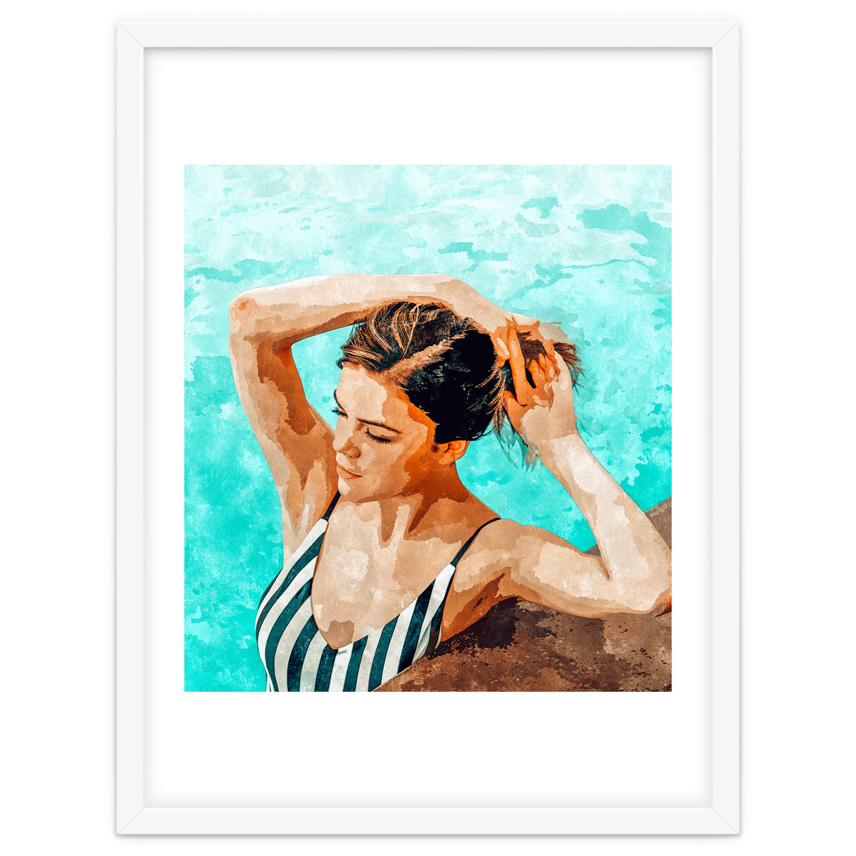 Simulacrum | Modern Bohemian Woman Swim | Summer Swimming Pool Fashion Watercolor Painting
