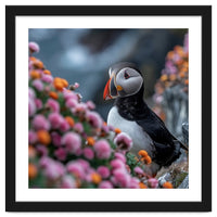 Puffin Bird Among Colorful Wildflowers In Bloom