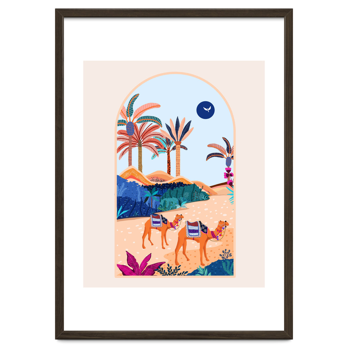 The Arabian Desert, Nature Landscape Travel Illustration, Camels Eclectic Sand Dunes Dubai Palm, Sahara Middle East Hot Summer Animals Bohemian