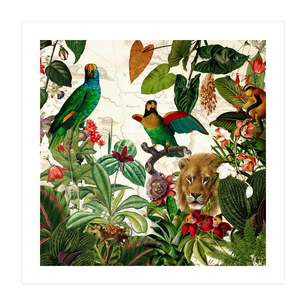 Exotic Lush Jungle And Wild Animals Landscape  (Print Only)