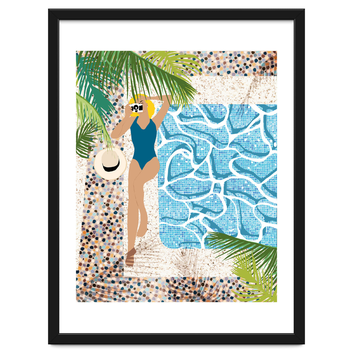 Click, Summer Travel Poolside Swim, Moroccan Tiles Staycation Vacation Holiday, Bohemian Woman Swimsuit Fashion Pose