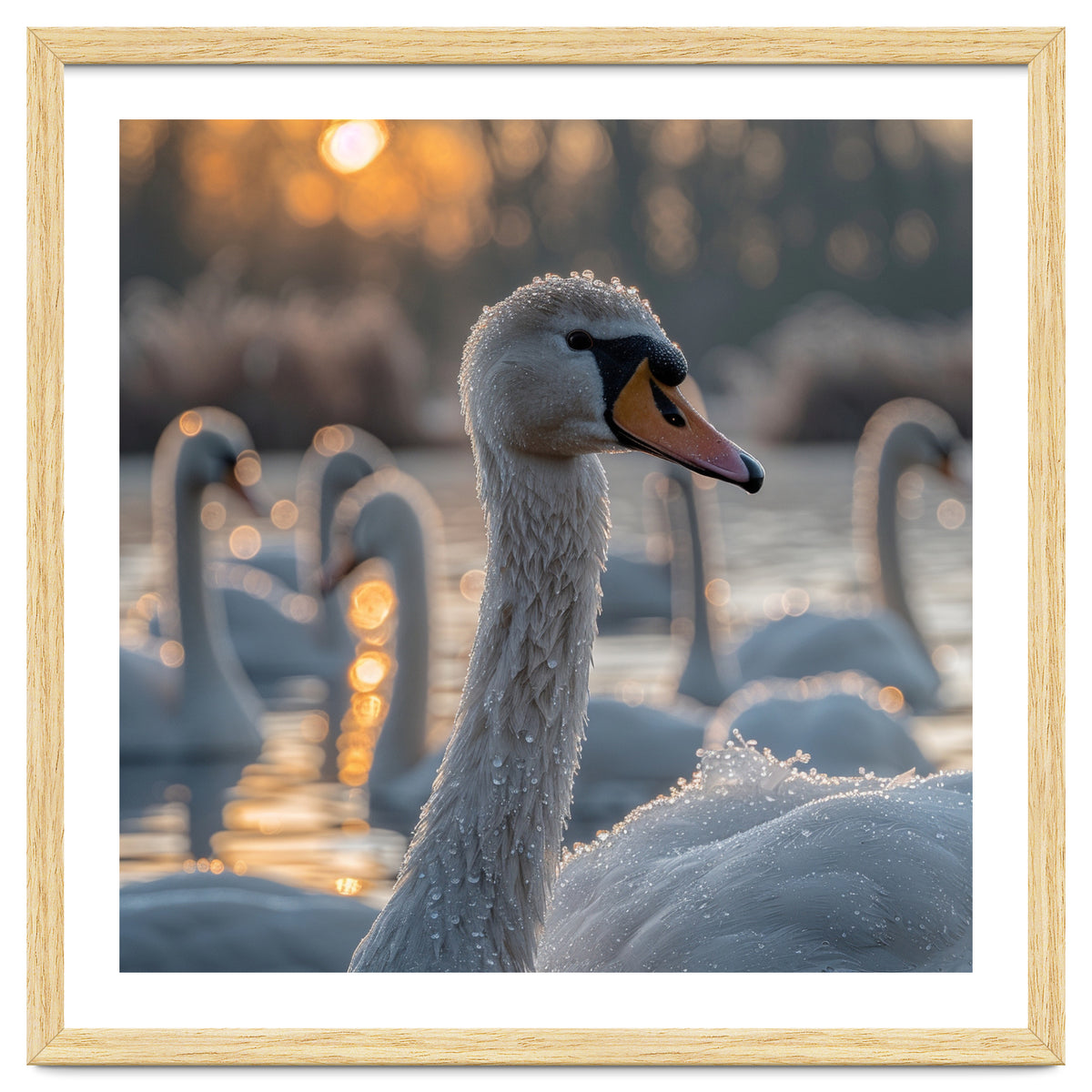 Close Up Of Swan With Water Droplets At Sunrise