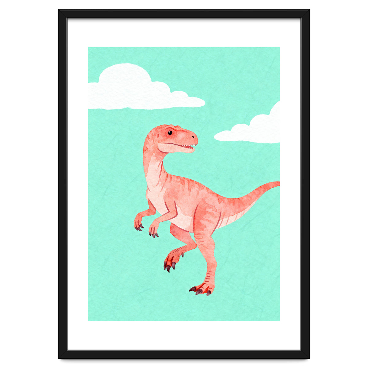 Velociraptor Watercolor Art, Cute Dino Nursery Print, Whimsical Dinosaur Illustration
