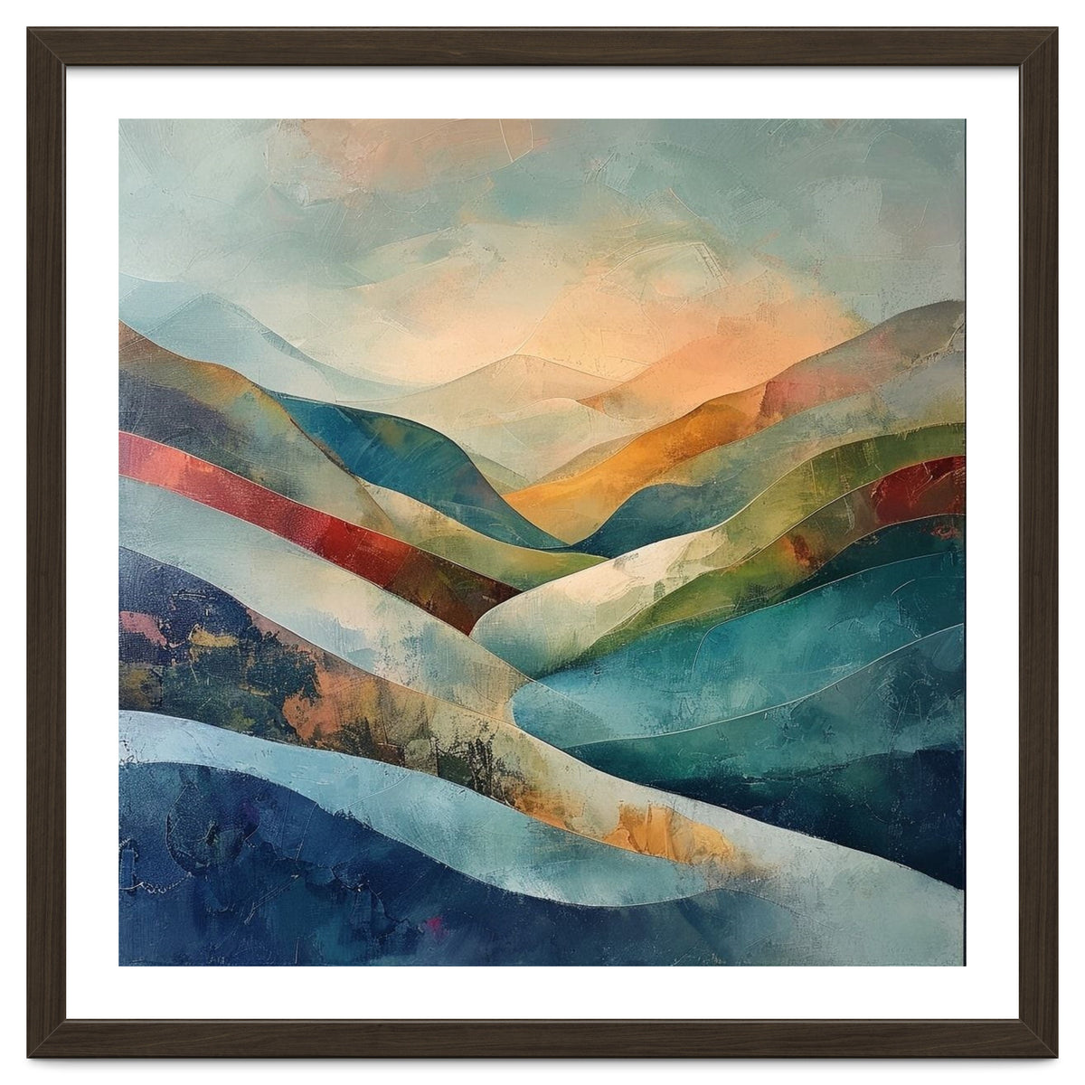 Abstract Mountain Landscape Painting with Textured Rolling Hills