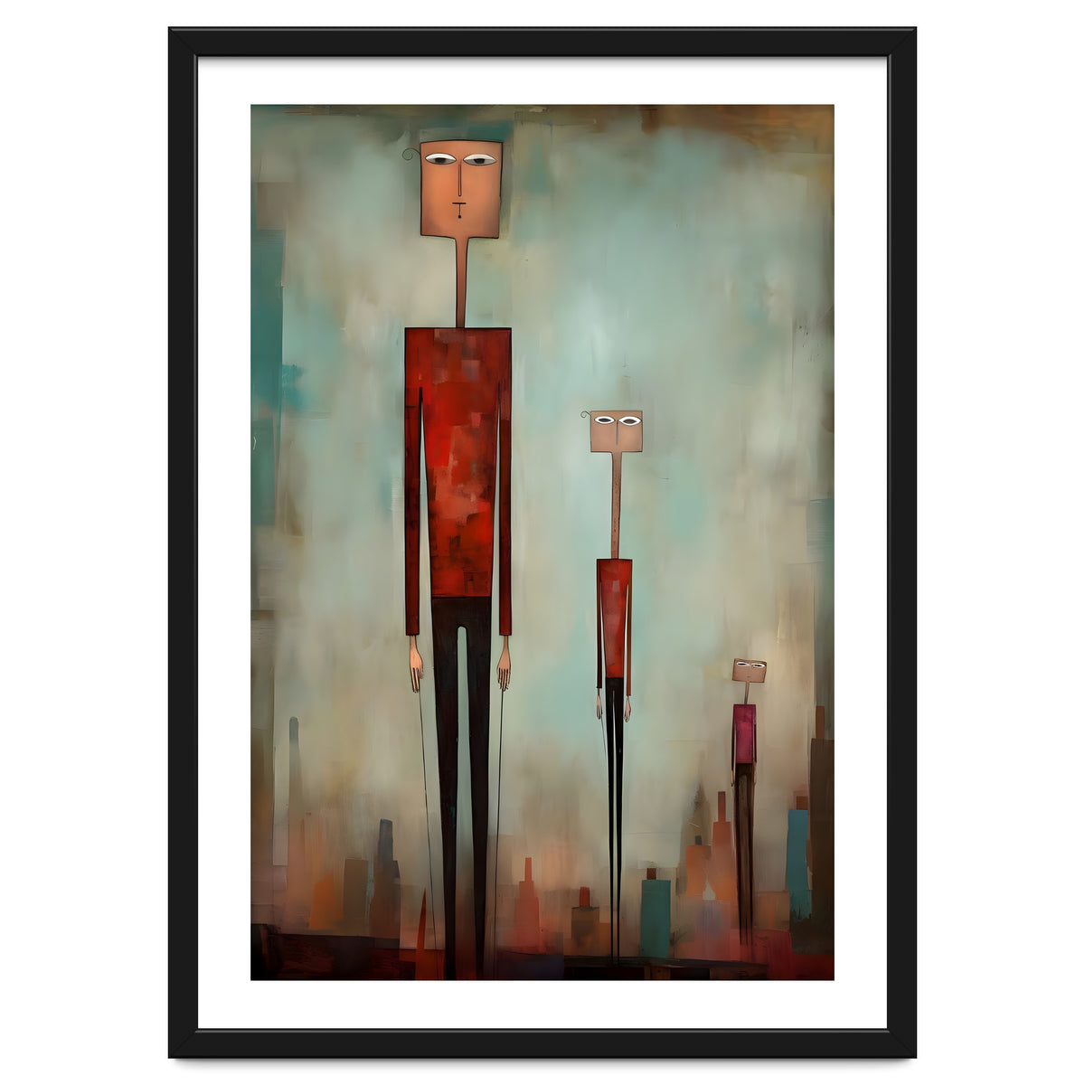 CITY HEIGHTS, three human-like forms of differing heights loom over the city below.