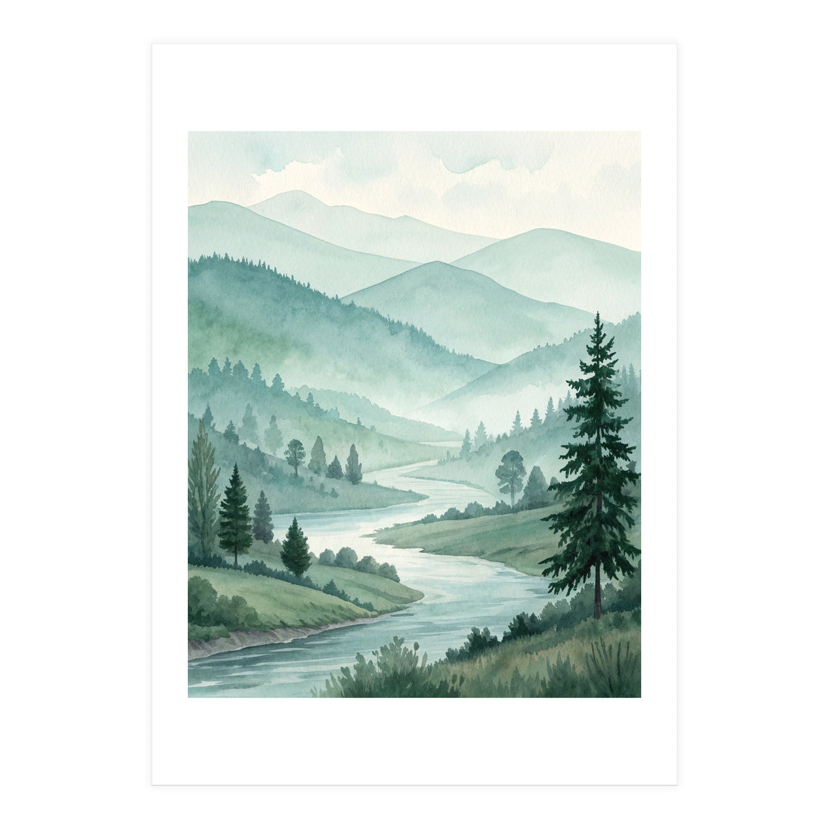 Serene Misty Mountain Valley Watercolor Painting (Print Only)