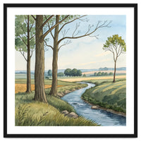 Pastoral Countryside Watercolor Painting with Winding Stream Meadows and Deciduous Trees Landscape